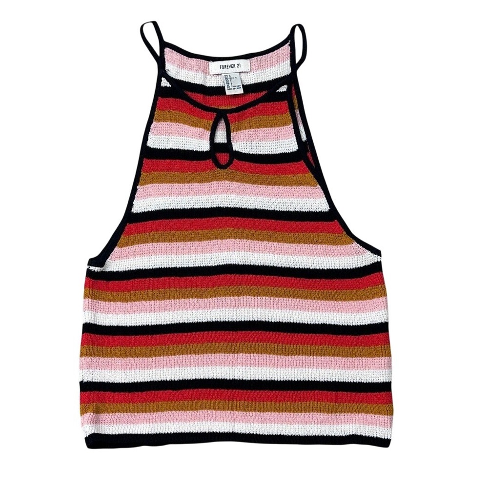 Striped Knit Halter Top Retro Sleeveless LARGE Stretchy Fall Crochet Style